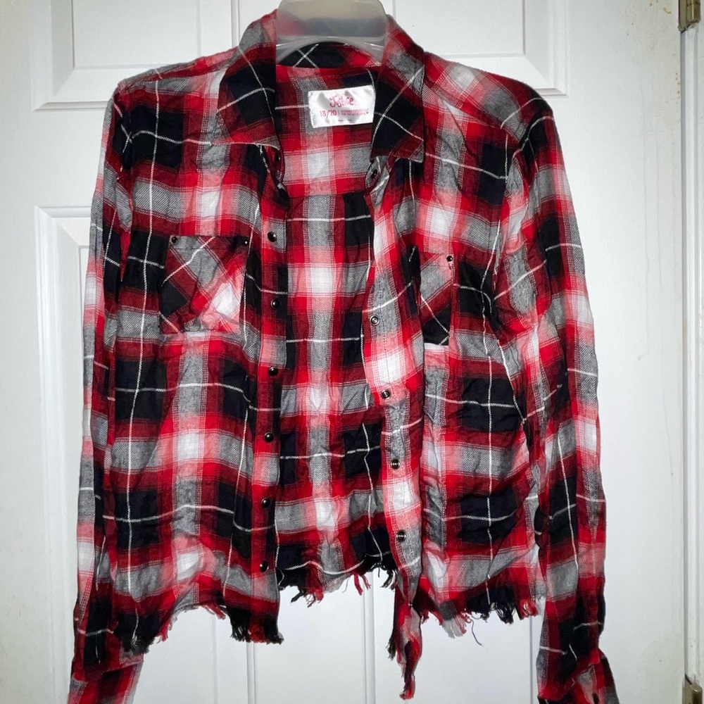 Justice red and black and sliver plaid button up size 18/20